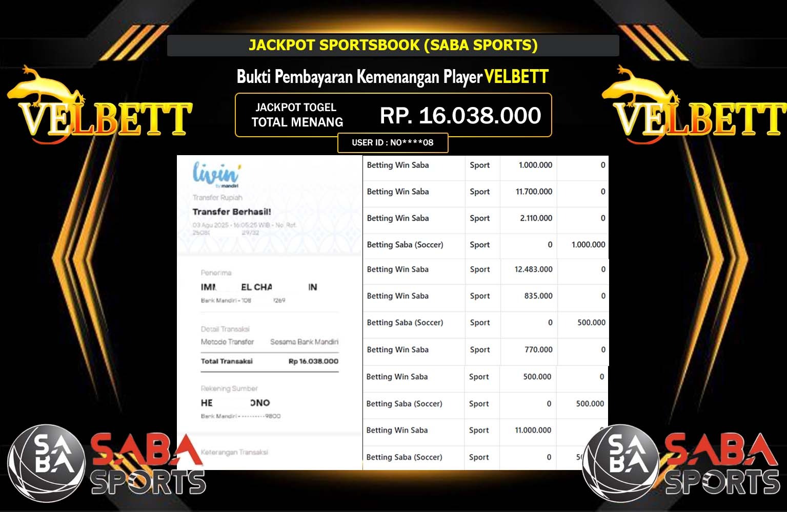 VELBETT JACKPOT SPORTSBOOK (SABA SPORTS) Rp.16.038.000,- LUNAS