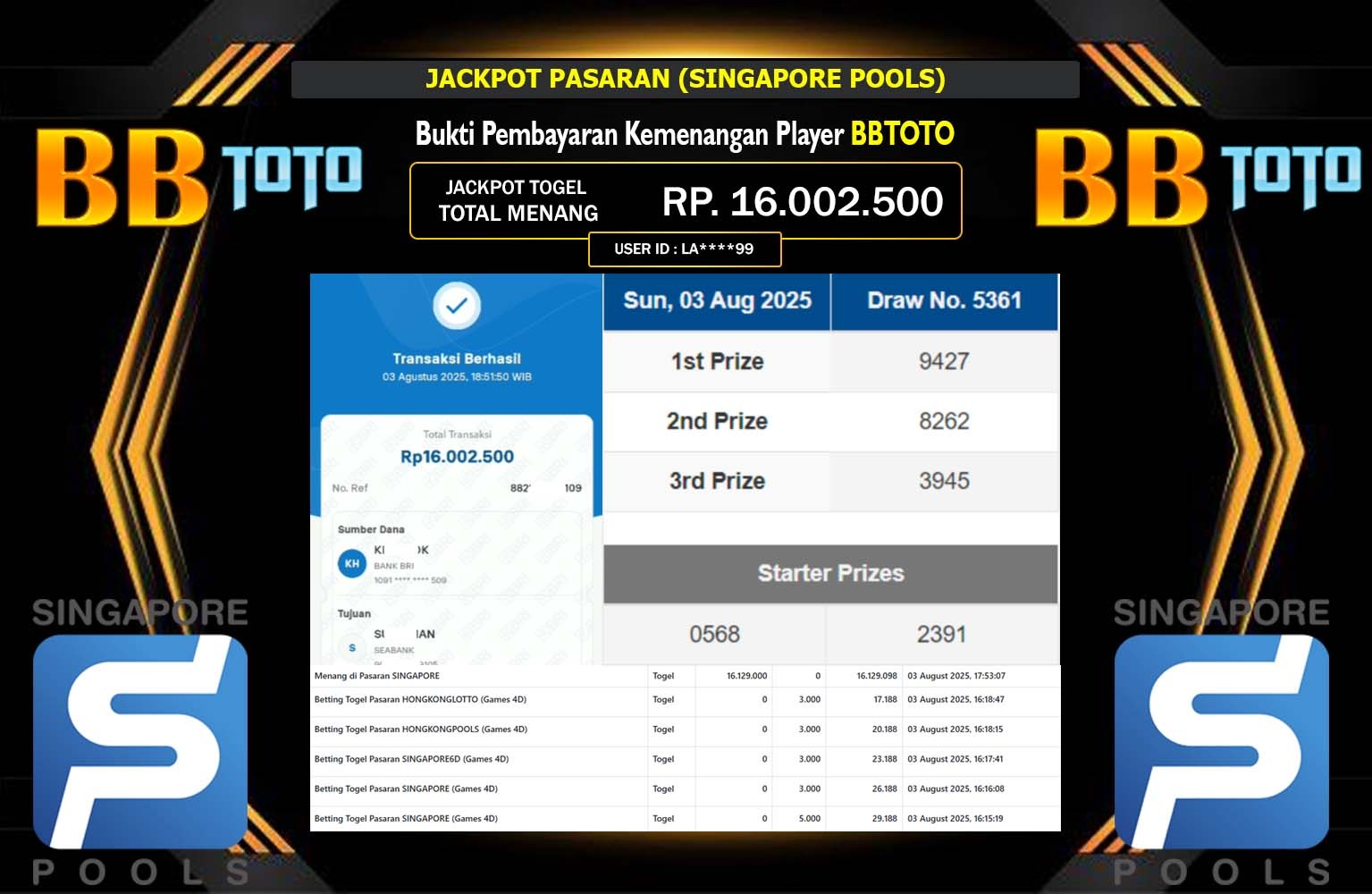 BBTOTO JACKPOT PASARAN (SINGAPORE POOLS) Rp.16.002.500,- LUNAS