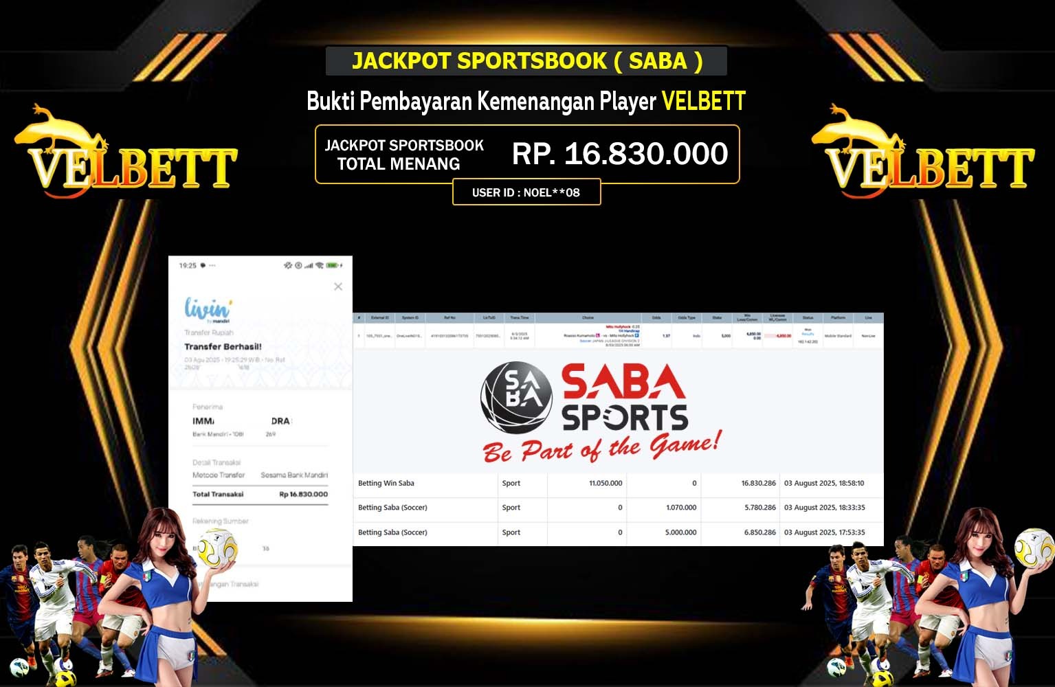 VELBETT JACKPOT SPORTSBOOK (SABA SPORTS) Rp.16.830.000,- LUNAS