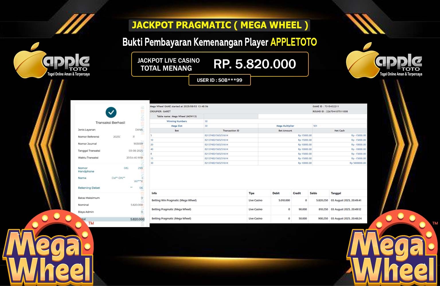APPLETOTO JACKPOT PRAGMATIC ( MEGA WHEEL ) Rp.5.820.000,- LUNAS