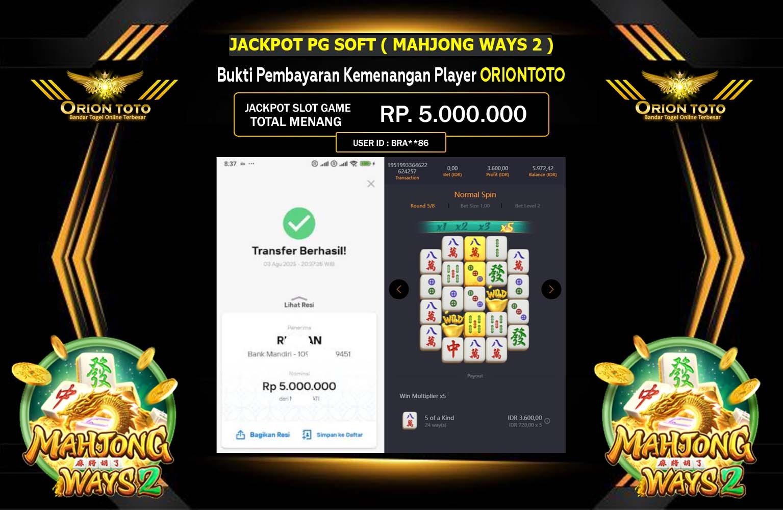 ORIONTOTO JACKPOT PG SOFT MAHJONG WAYS 2 Rp.5.000.000,- LUNAS