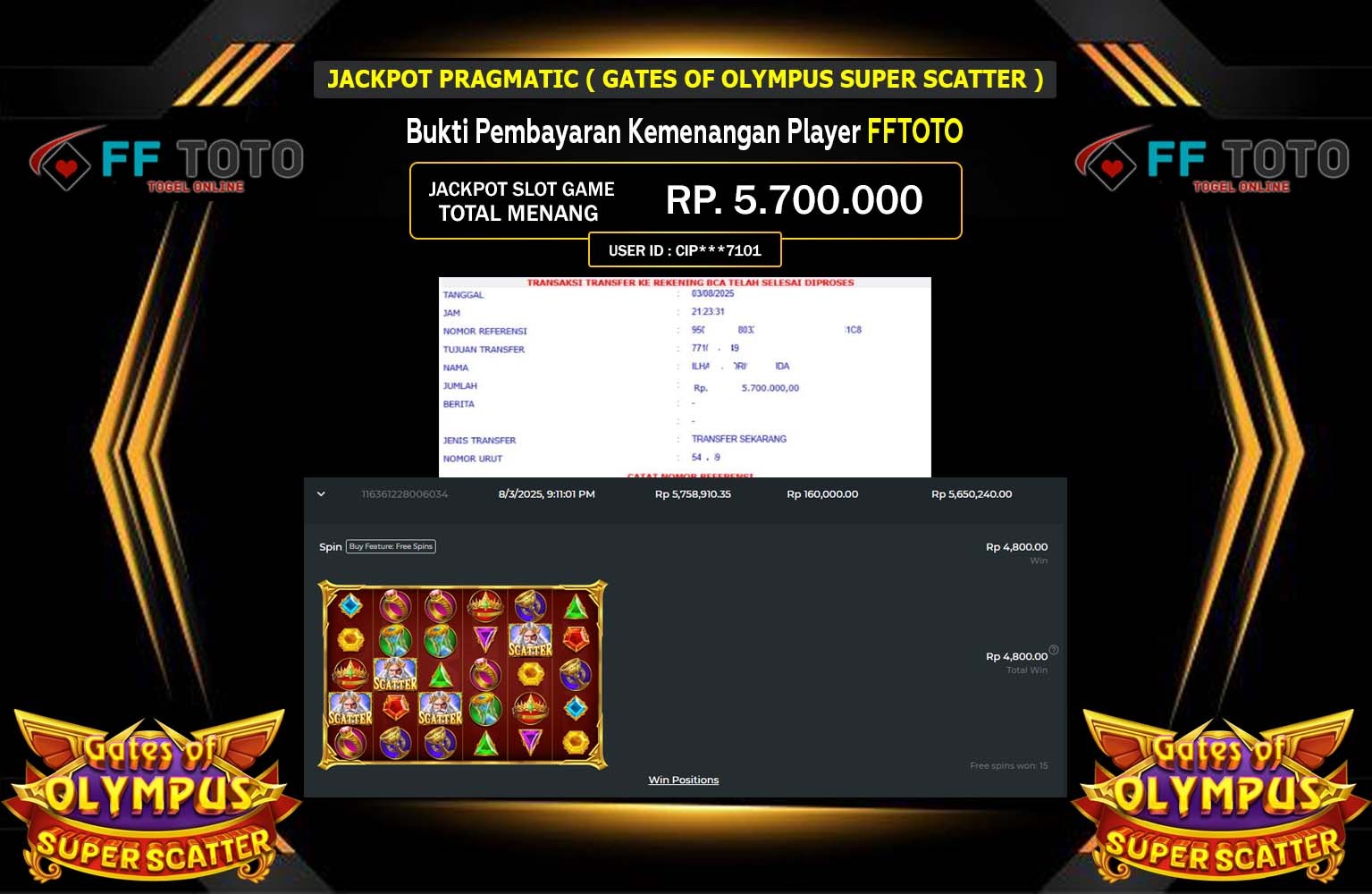 FFTOTO JACKPOT PRAGMATIC GATES OF OLYMPUS SUPER SCATTER Rp.5.700.000,- LUNAS