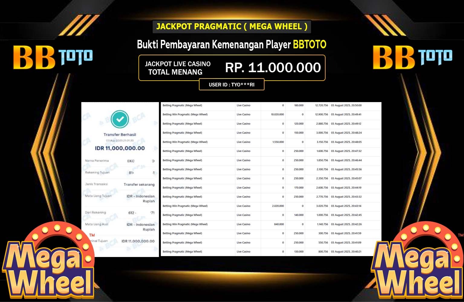 BBTOTO JACKPOT PRAGMATIC MEGA WHEEL Rp.11.000.000,- LUNAS