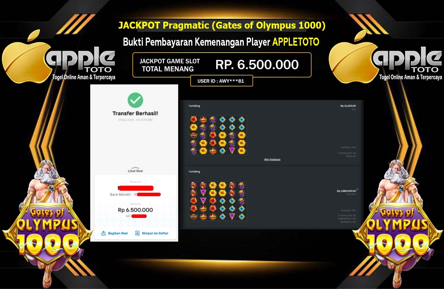 APPLETOTO JACKPOT PRAGMATIC GATES OF OLYMPUS 1000 Rp.6.500.000,- LUNAS