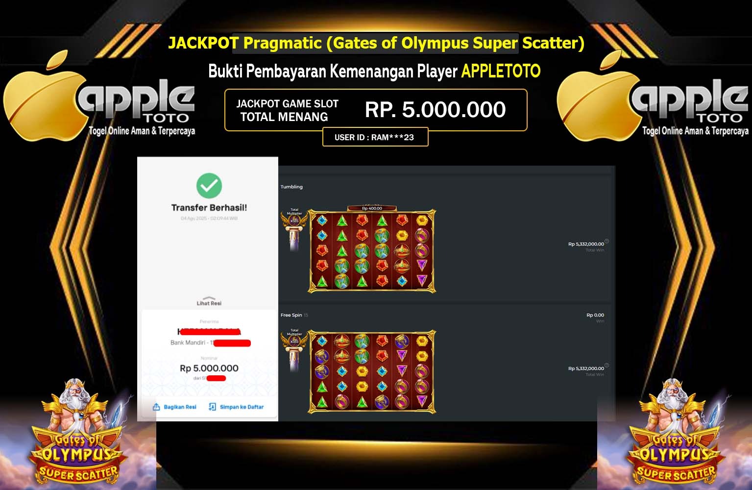 APPLETOTO JACKPOT PRAGMATIC GATES OF OLYMPUS Super Scatter Rp.5.000.000,- LUNAS
