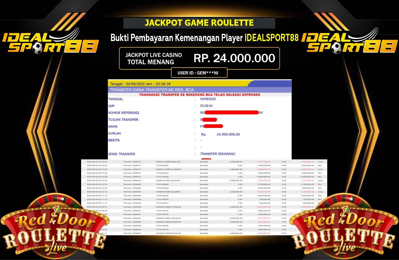 IDEALSPORT88 JACKPOT ROLETTE Rp.24.000.000,- LUNAS