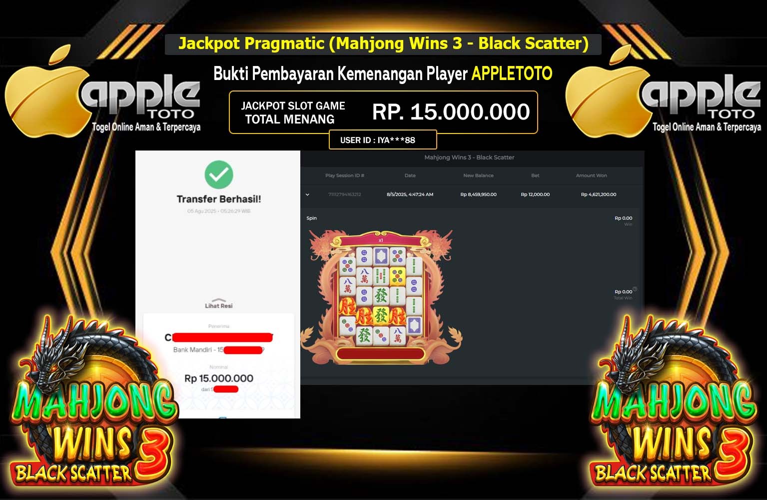 APPLETOTO JACKPOT PRAGMATIC (MAHJONG WINS 3 - BLACK SCATTER) Rp.15.000.000,- LUNAS