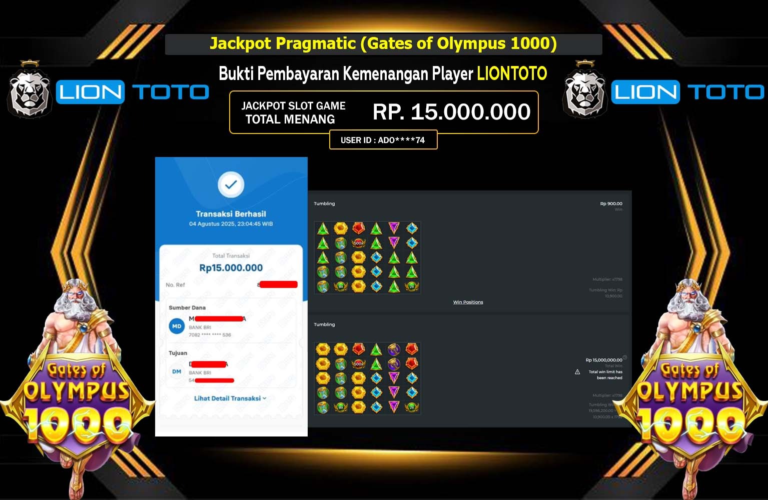 LIONTOTO JACKPOT Pragmatic (Gates of Olympus 1000)Rp.15.000.000,- LUNAS