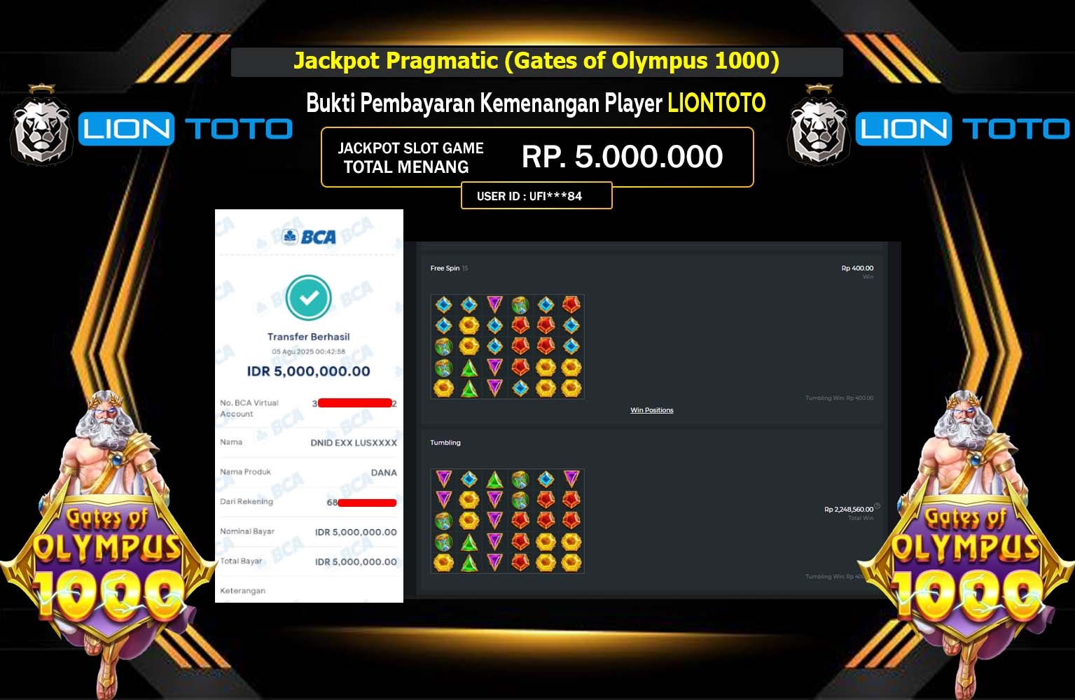 LIONTOTO JACKPOT Pragmatic (Gates of Olympus 1000)Rp.5.000.000,- LUNAS