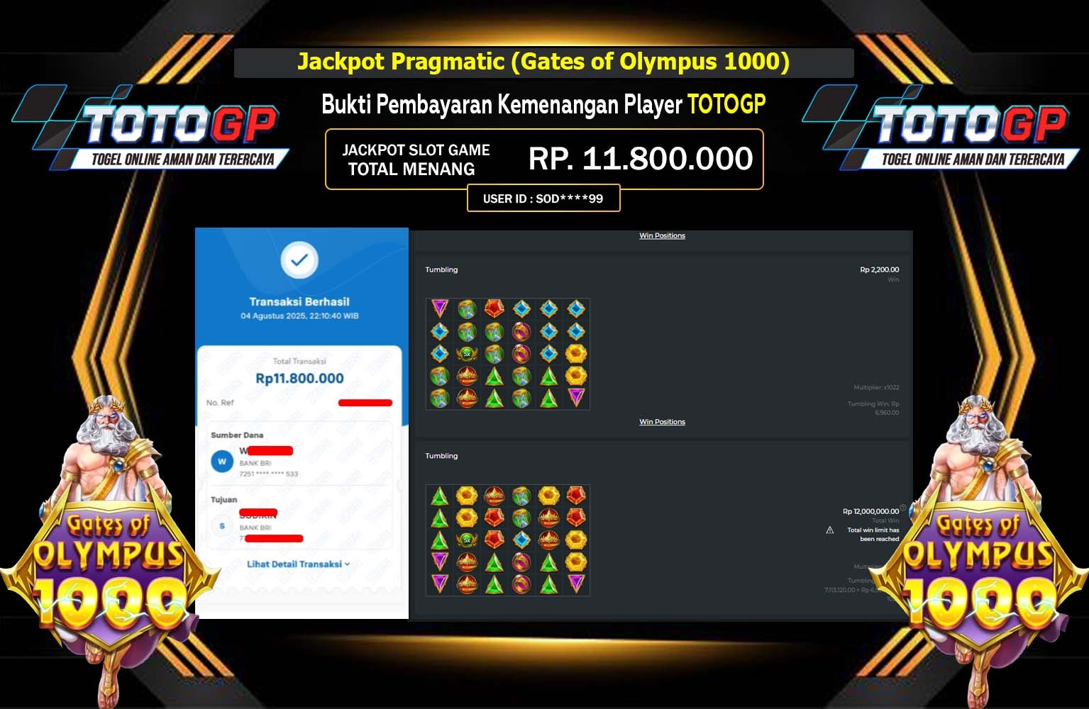 TOTOGP JACKPOT Pragmatic (Gates of Olympus 1000)  Rp.11.800.000,- LUNAS