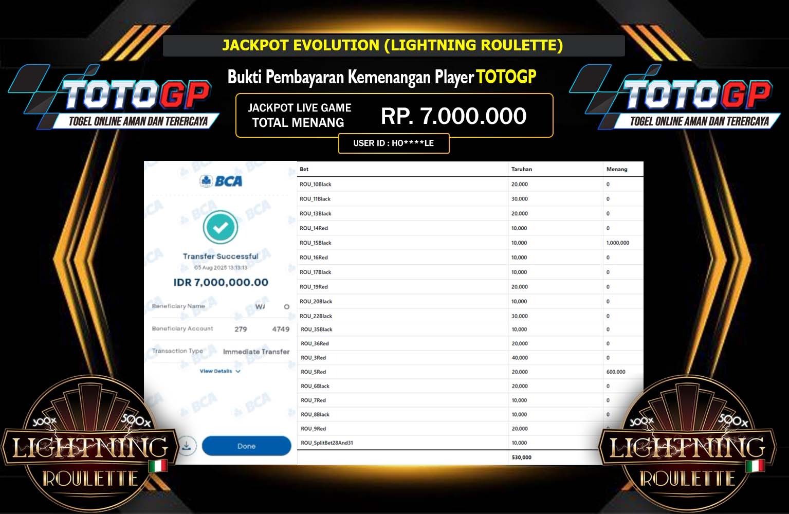 TOTOGP JACKPOT EVOLUTION (LIGHTNING ROULETTE) Rp.7.000.000,- LUNAS