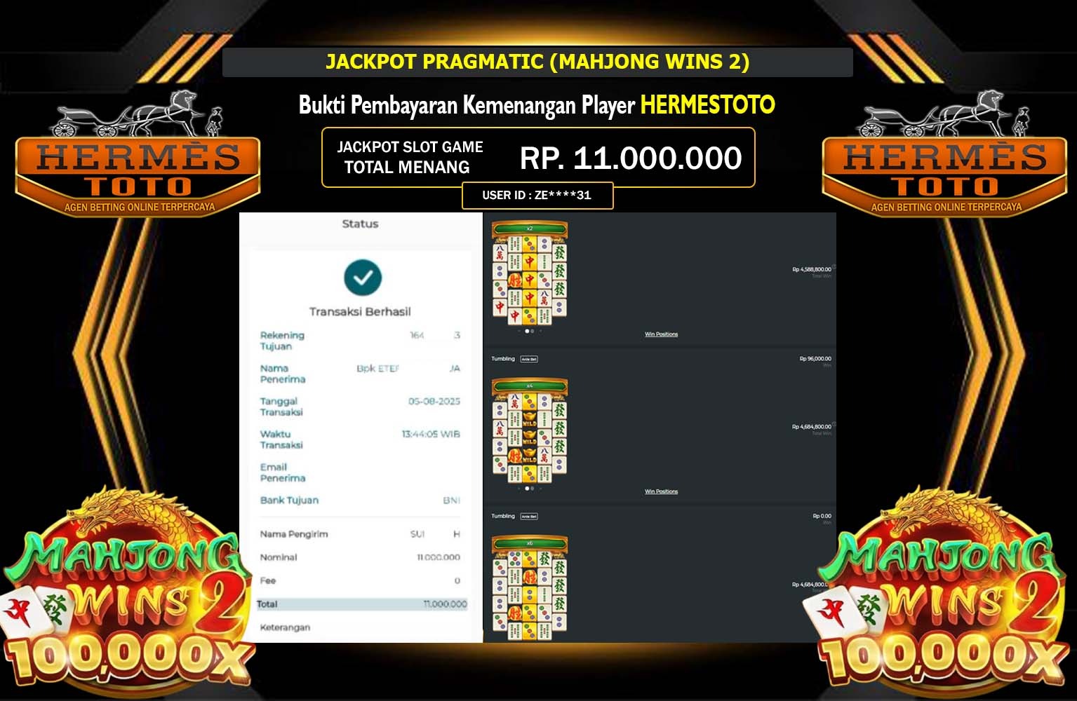 HERMESTOTO JACKPOT PRAGMATIC (MAHJONG WINS 2) Rp.11.000.000,- LUNAS