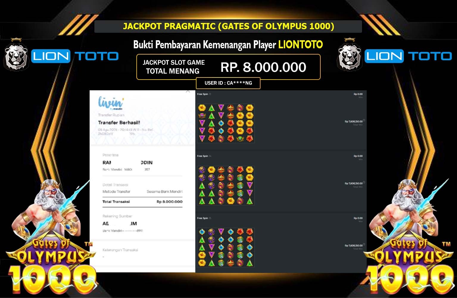 LIONTOTO JACKPOT PRAGMATIC (GATES OF OLYMPUS 1000) Rp.8.000.000,- LUNAS