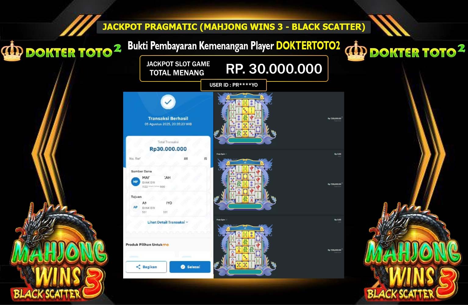 DOKTERTOTO2 JACKPOT PRAGMATIC (MAHJONG WINS 3 - BLACK SCATTER) Rp.30.000.000,- LUNAS