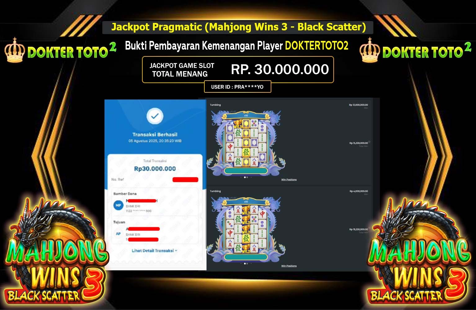 DOKTERTOTO2 JACKPOT PRAGMATIC (MAHJONG WINS 3 - BLACK SCATTER) Rp.30.000.000,- LUNAS