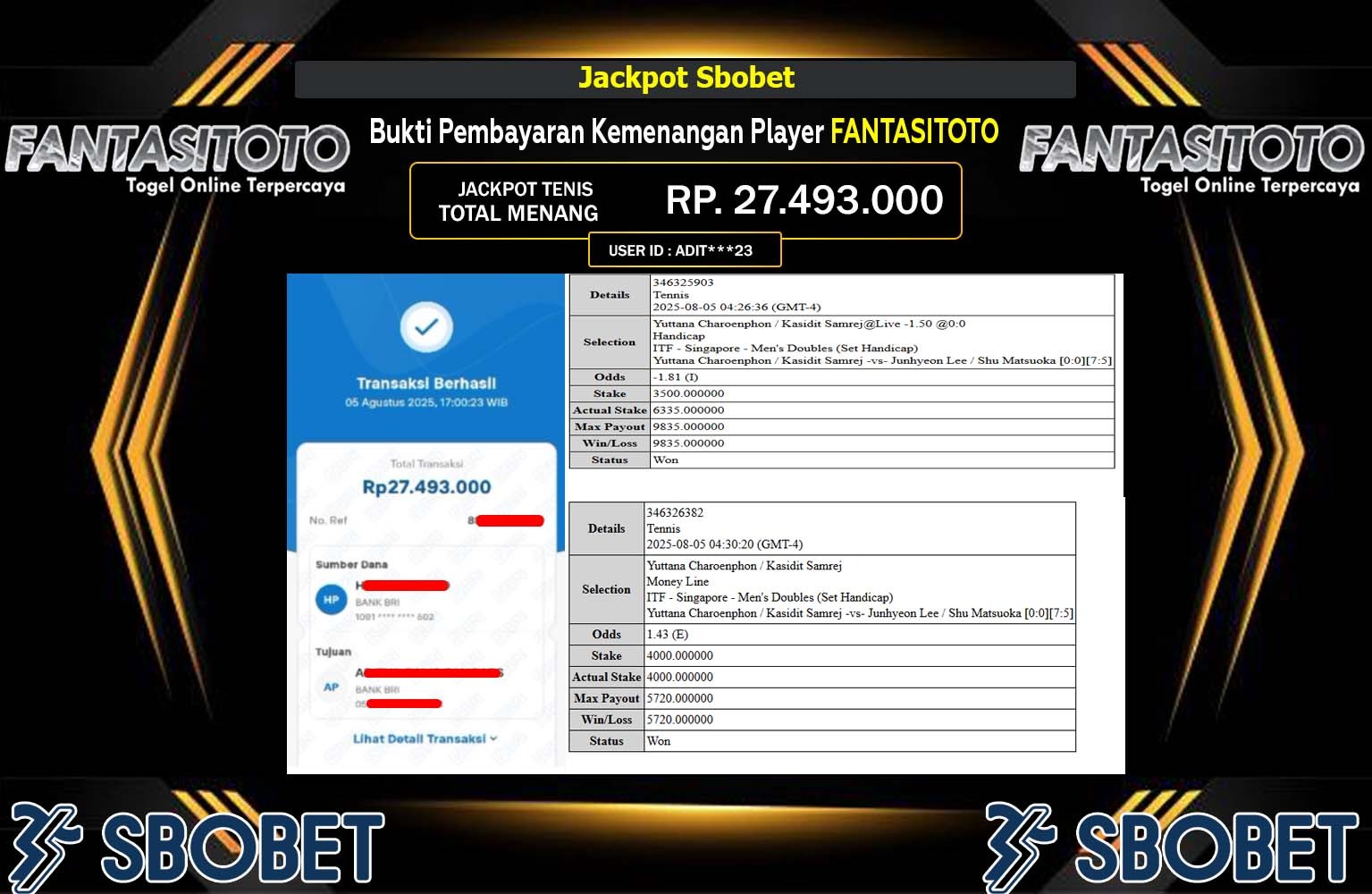 FANTASITOTO JACKPOT SPORTSBOOK (SBO BET) Rp.27.493.000,- LUNAS