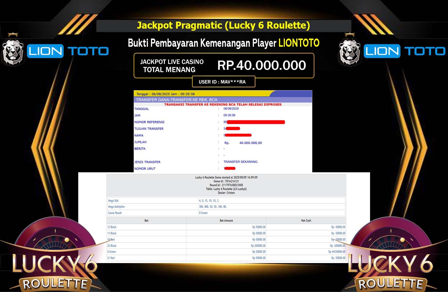 LIONTOTO JACKPOT Pragmatic (Lucky 6 Roulette) Rp.40.000.000,- LUNAS