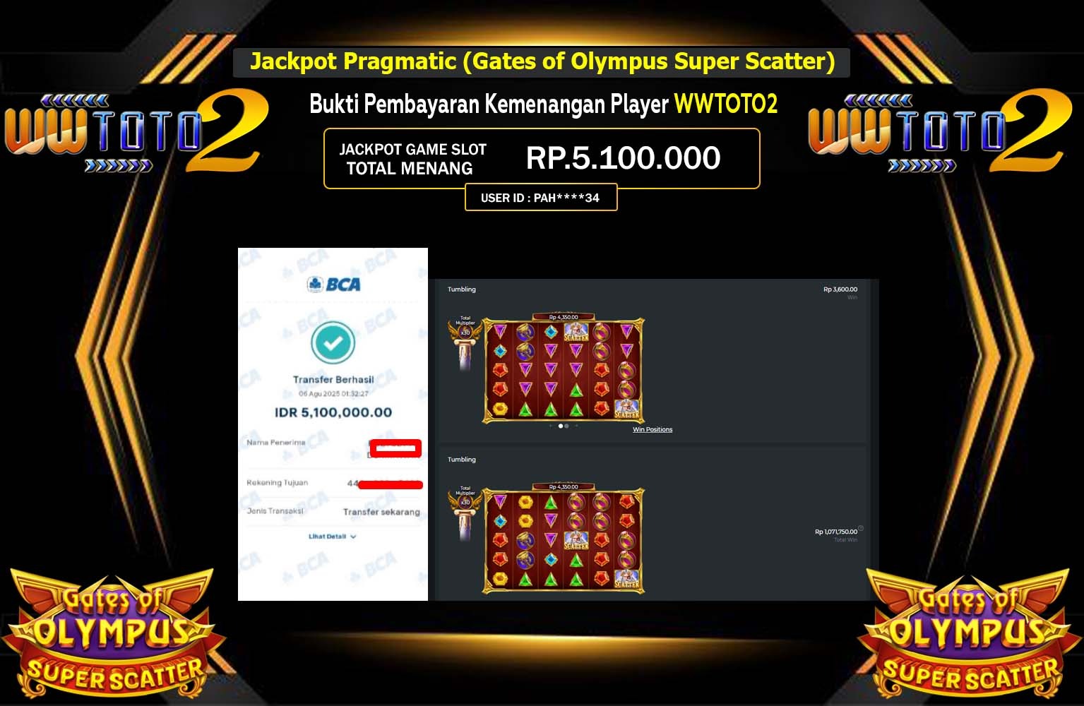WWTOTO2 JACKPOT Pragmatic (Gates of Olympus Super Scetter )  Rp.5.100.000,- LUNAS