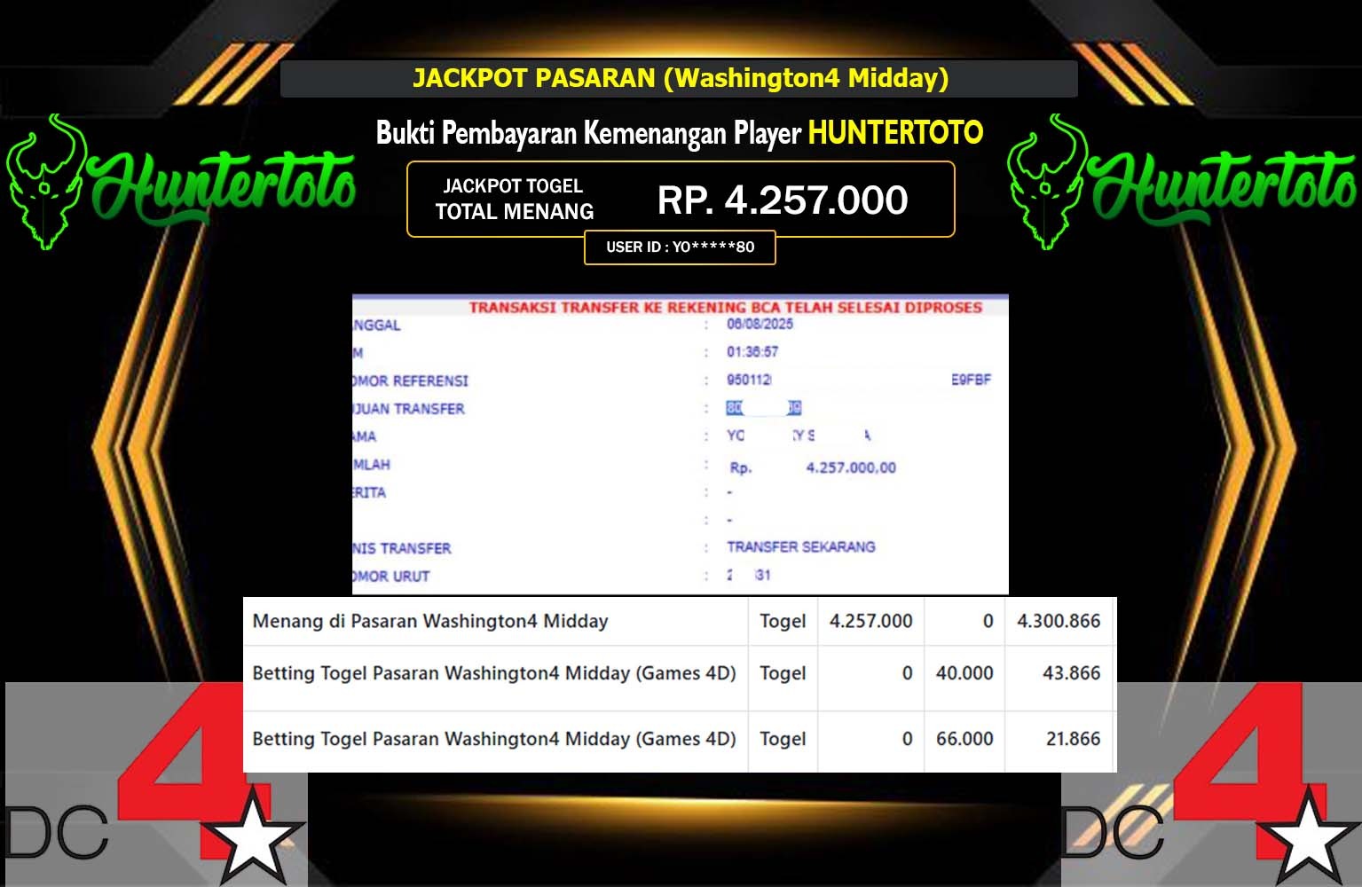 HUNTERTOTO JACKPOT PASARAN (WASHINGTON 4 MIDDAY)  Rp.4.257.000,- LUNAS
