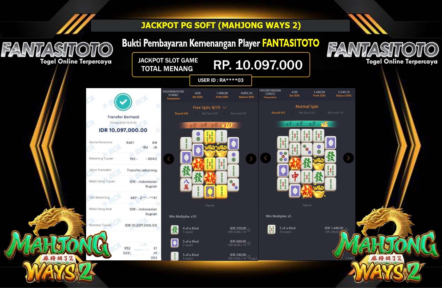FANTASITOTO JACKPOT PG SOFT (MAHJONG WAYS 2)  Rp.10.097.000,- LUNAS