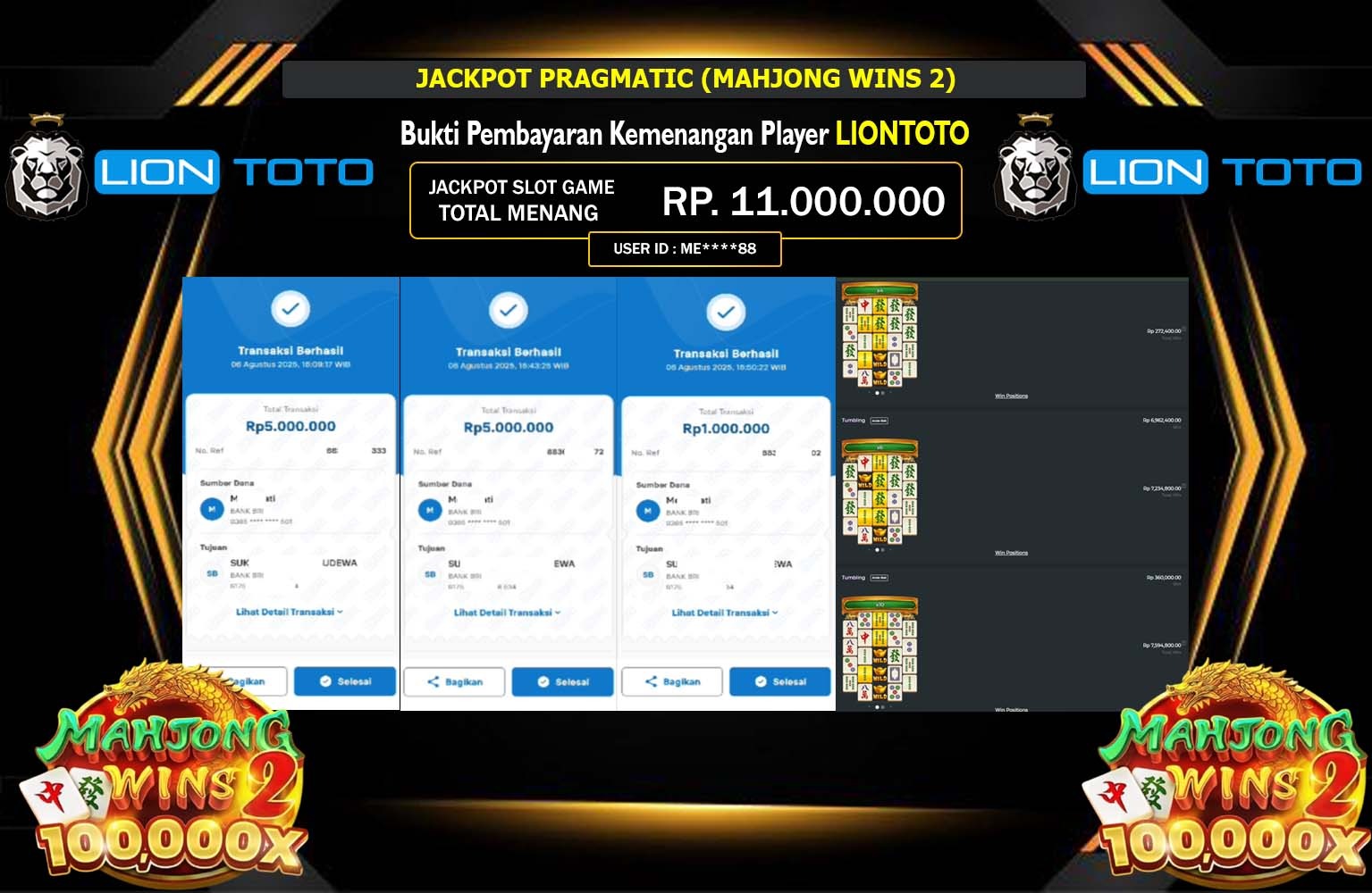 LIONTOTO JACKPOT PRAGMATIC (MAHJONG WINS 2)  Rp.11.000.000,- LUNAS