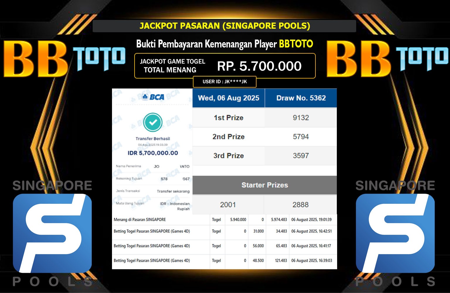 BBTOTO JACKPOT PASARAN (SINGAPORE POOLS)  Rp.5.700.000,- LUNAS