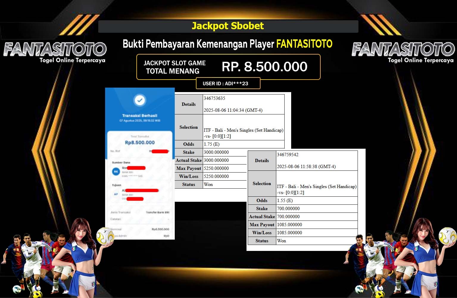 FANTASITOTO JACKPOT SPORTSBOOK (SBO BET) Rp.8.450.000,- LUNAS