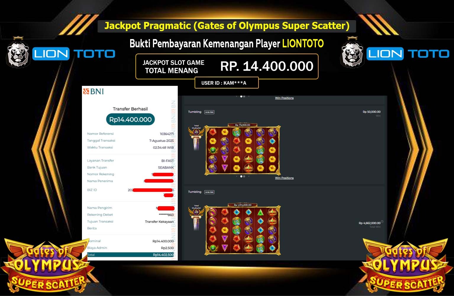 LIONTOTO JACKPOT PRAGMATIC GATES OF OLYMPUS SUPER SCATTER Rp.14.400.000,- LUNAS
