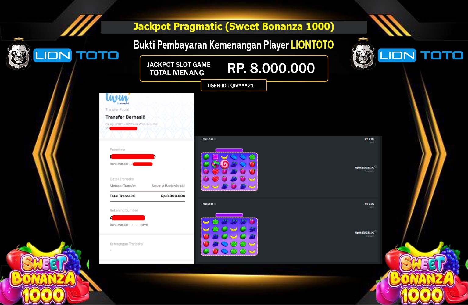 LIONTOTO JACKPOT Pragmatic (Sweet Bonanza 1000) Rp.8.00.000,- LUNAS