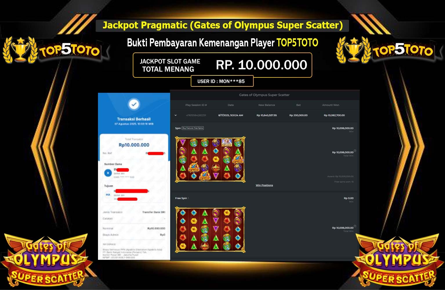 TOP5TOTO JACKPOT PRAGMATIC (GATES OF OLYMPUS SUPER SCATTER) Rp.10.000.000,- LUNAS