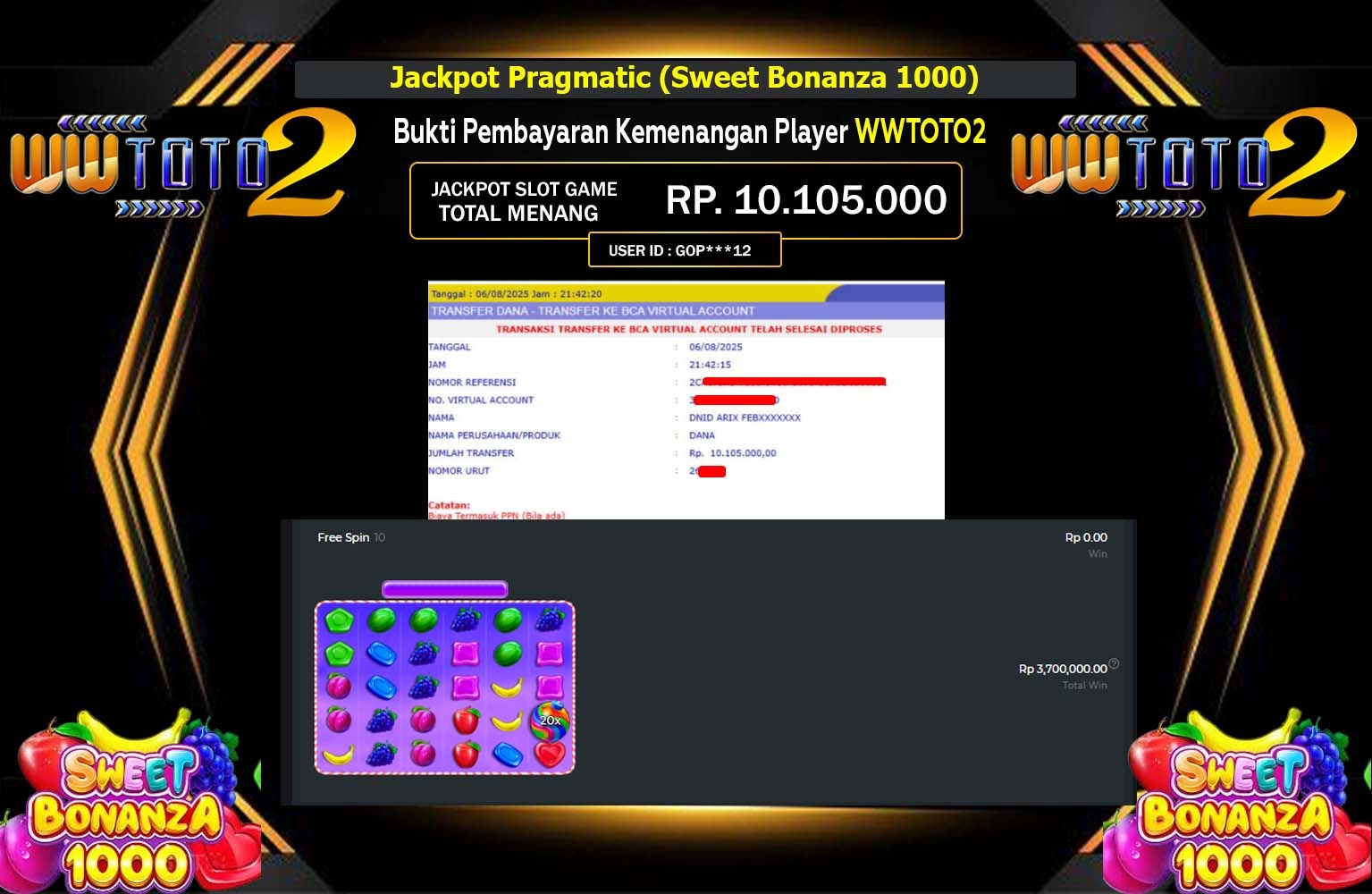 WWTOTO2 JACKPOT PRAGMATIC SWEET BONANZA 1000 Rp.10.105.000,- LUNAS