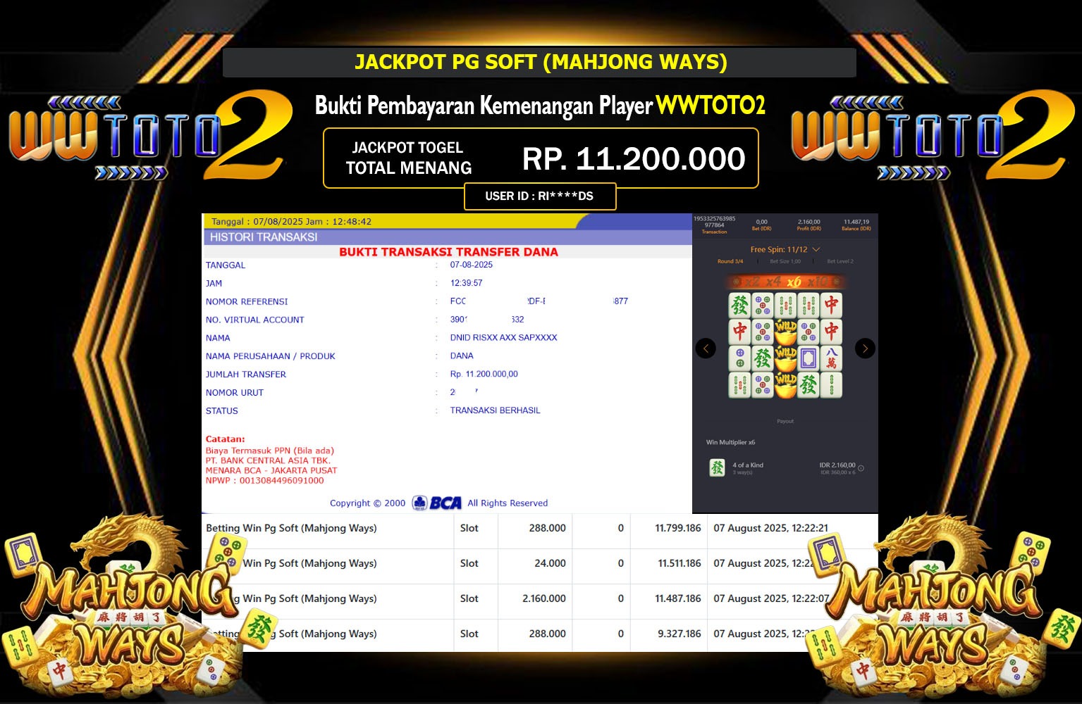WWTOTO2 JACKPOT PG SOFT (MAHJONG WAYS) Rp.11.200.000,- LUNAS