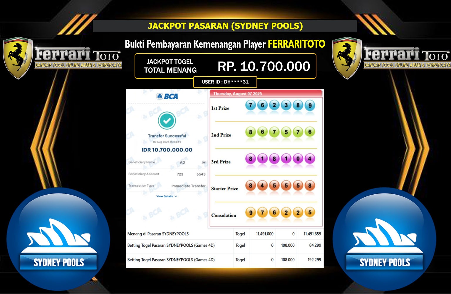 FERRARITOTO JACKPOT PASARAN (SYDNEY POOLS)  Rp.10.700.000,- LUNAS