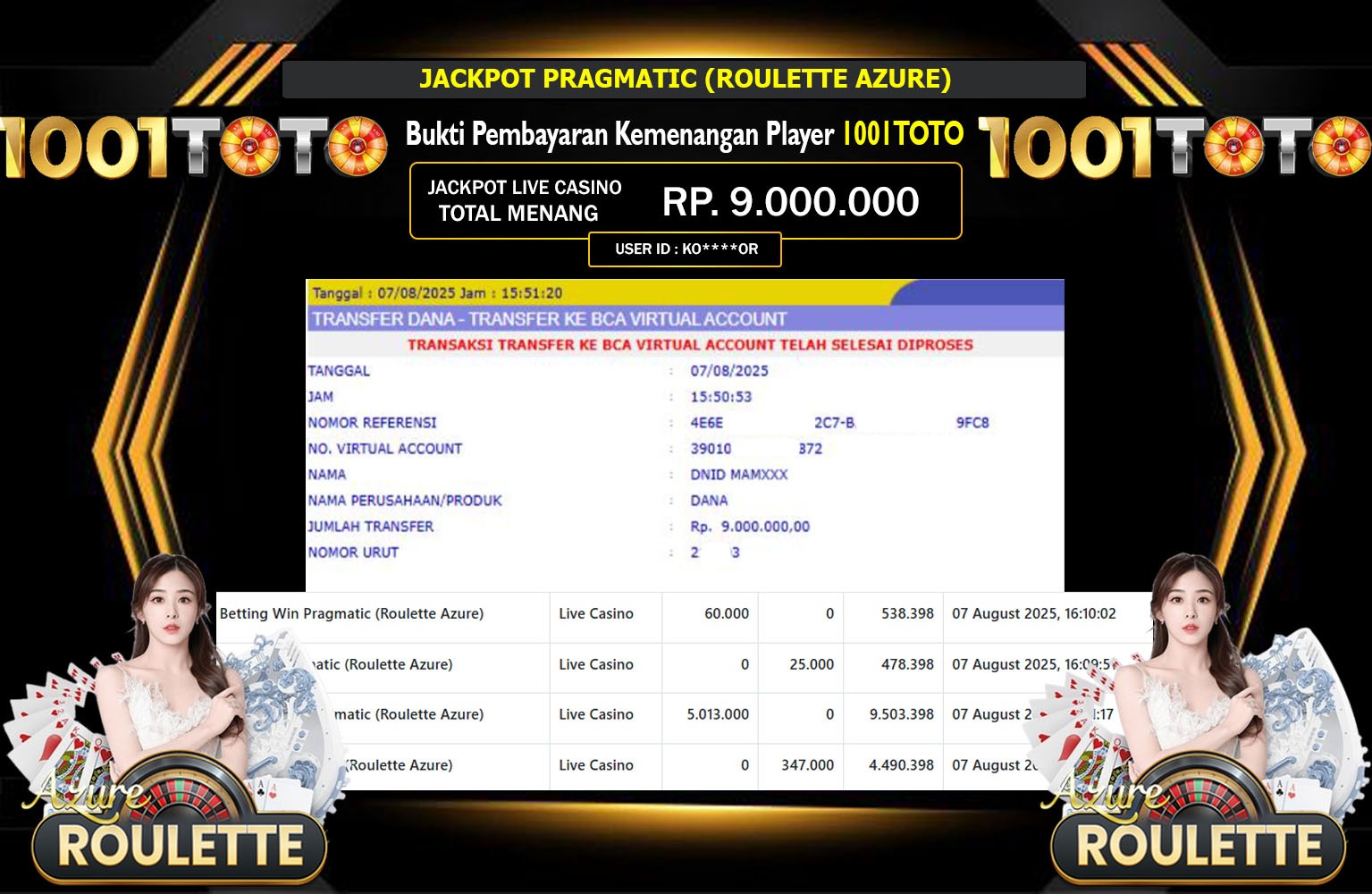 1001TOTO JACKPOT PRAGMATIC (ROULETTE AZURE)  Rp.9.000.000,- LUNAS