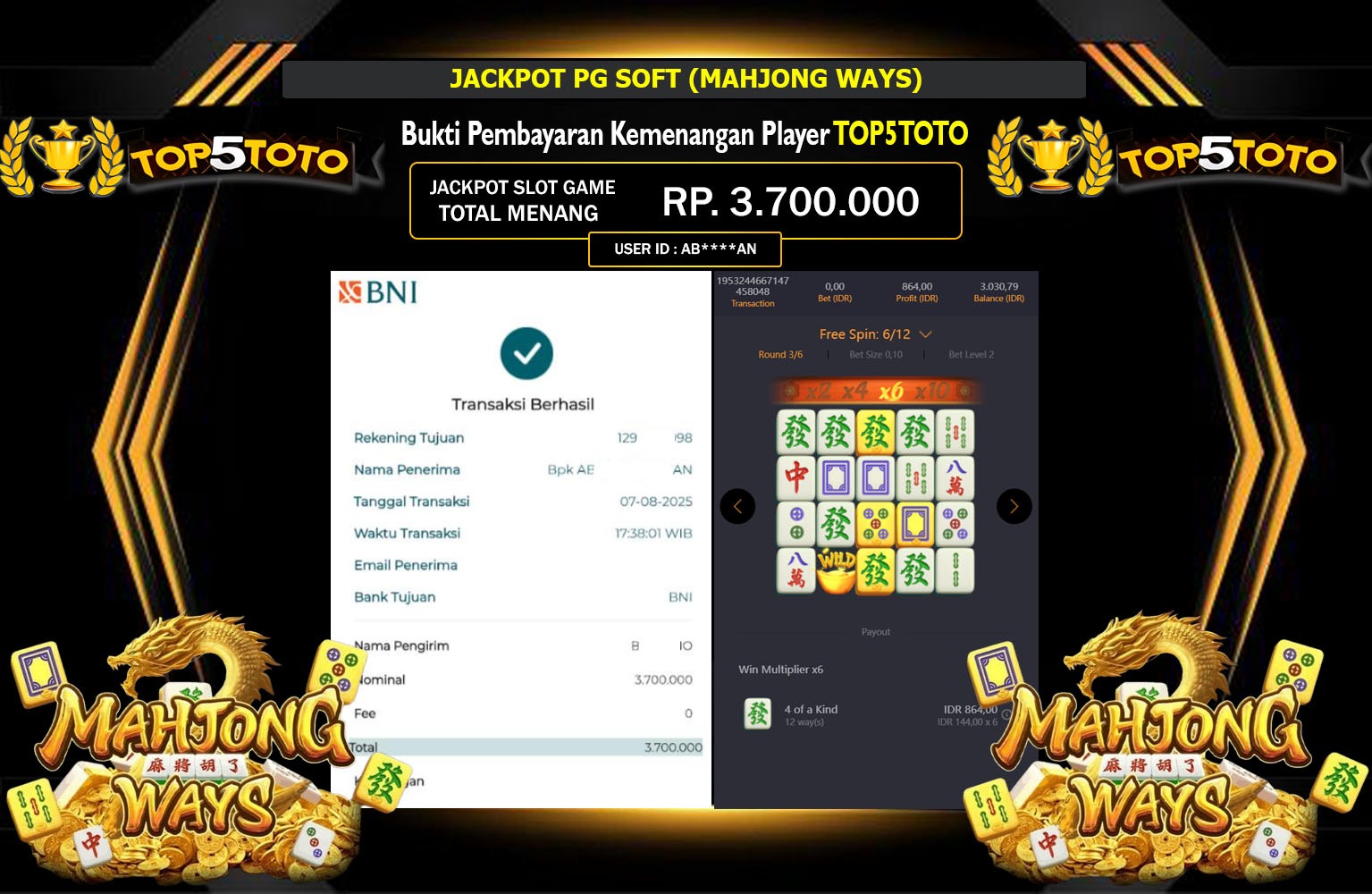 TOP5TOTO JACKPOT PG SOFT (MAHJONG WAYS)  Rp.3.700.000,- LUNAS