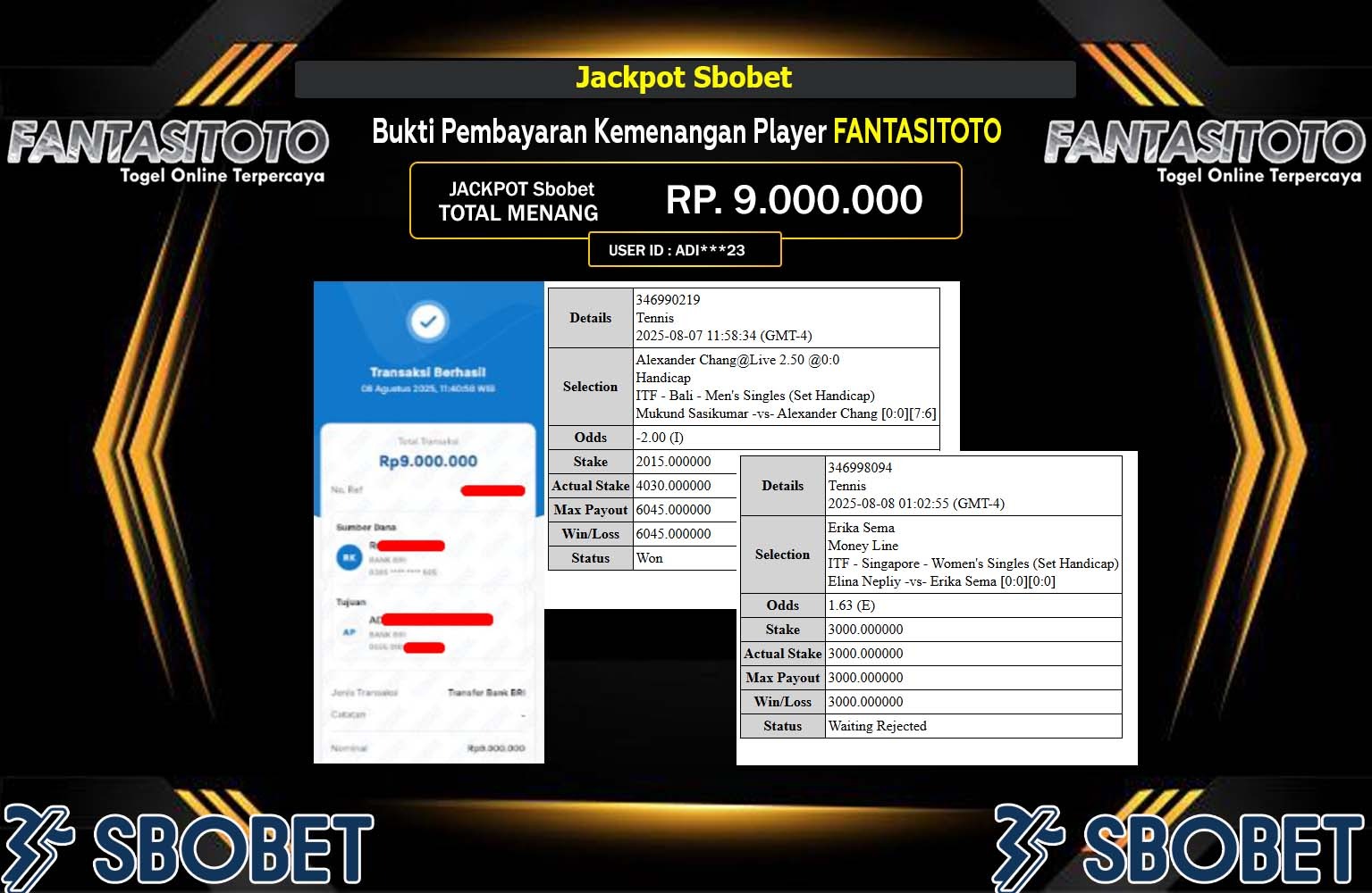FANTASITOTO JACKPOT SPORTSBOOK (SBO BET) Rp.9.000.000,- LUNAS