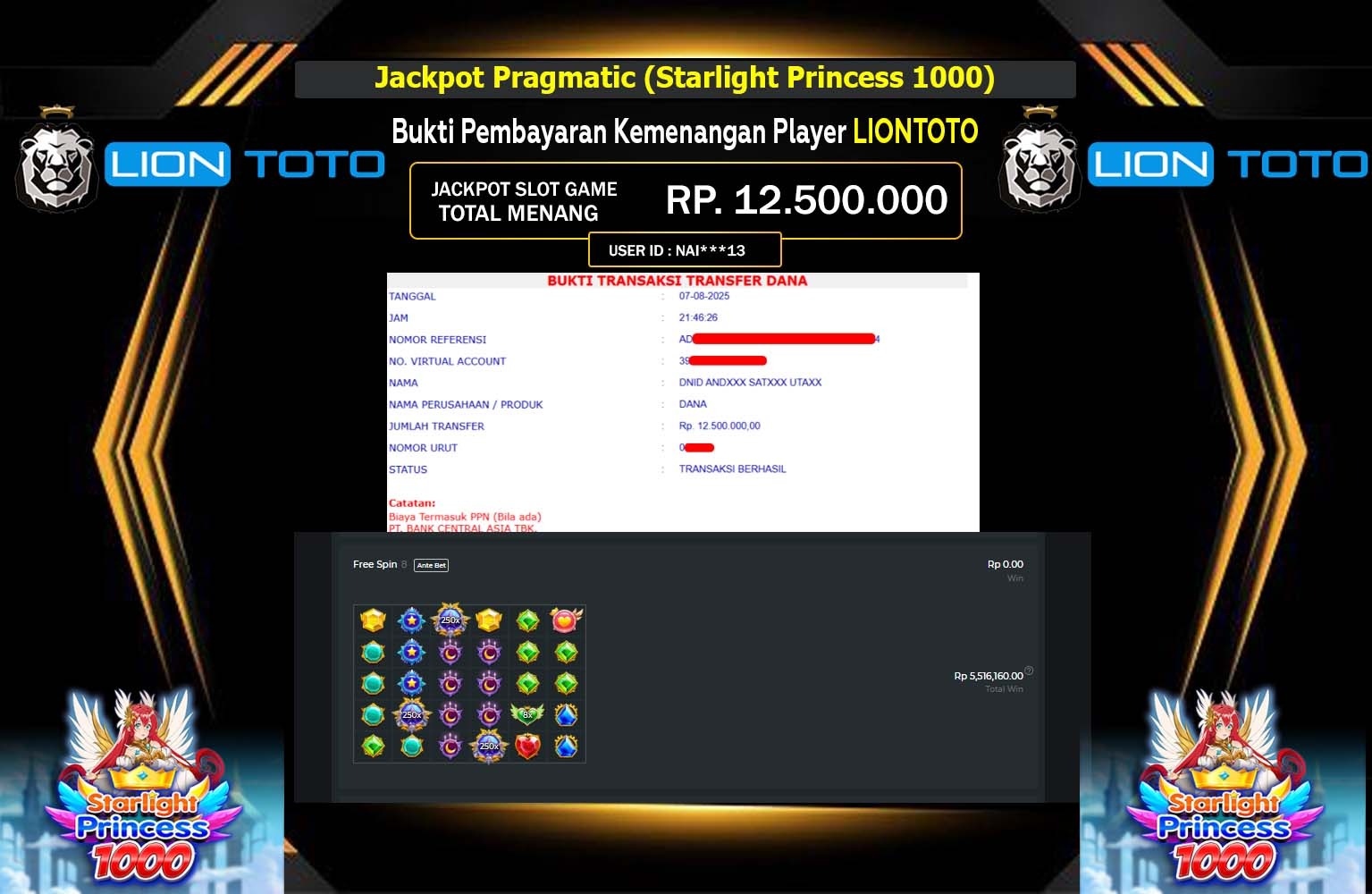 LIONTOTO JACKPOT Pragmatic (Starlight Princess 1000) Rp.12.500.000,- LUNAS