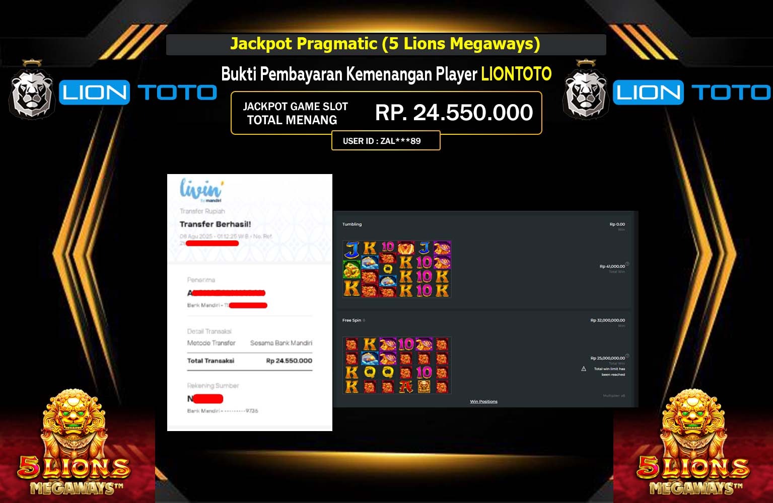 LIONTOTO JACKPOT Pragmatic (5 Lions Megaways) Rp.24.550.000,- LUNAS