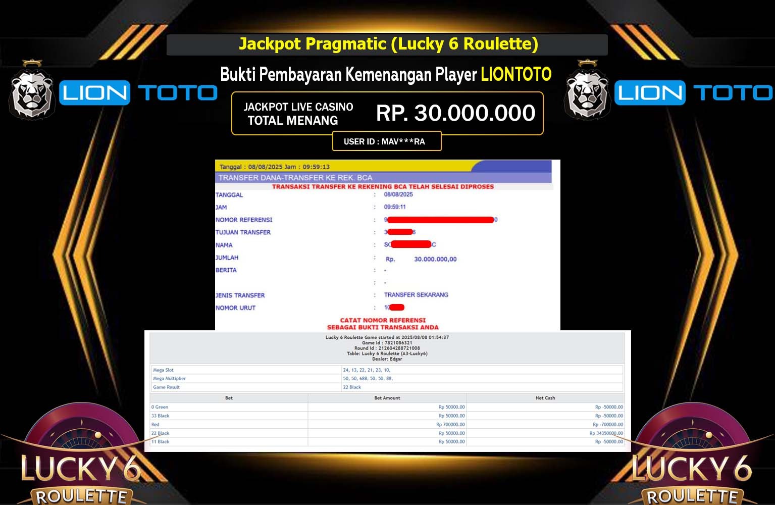LIONTOTO JACKPOT Pragmatic (Lucky 6 Roulette) Rp.30.000.000,- LUNAS