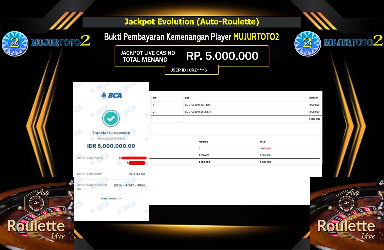 MUJURTOTO2 JACKPOT EVOLUTION AUTO ROULETTE Rp.5.000.000,- LUNAS