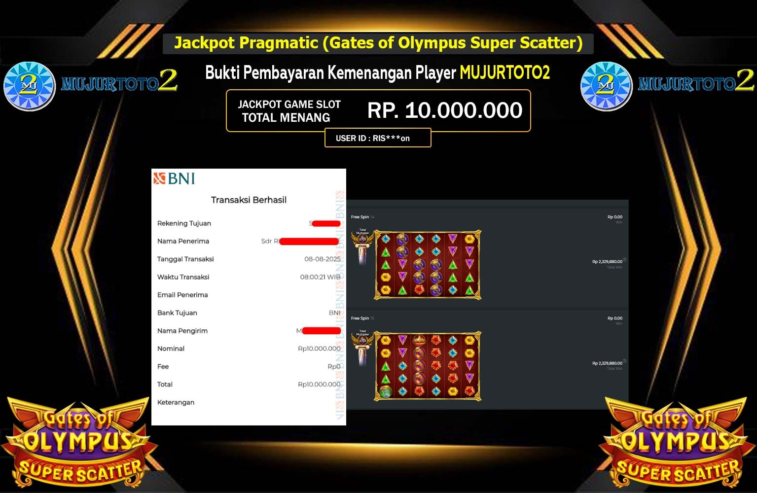 MUJURTOTO2 JACKPOT Pragmatic (Gates of Olympus Super Scatter) Rp.10.000.000,- LUNAS