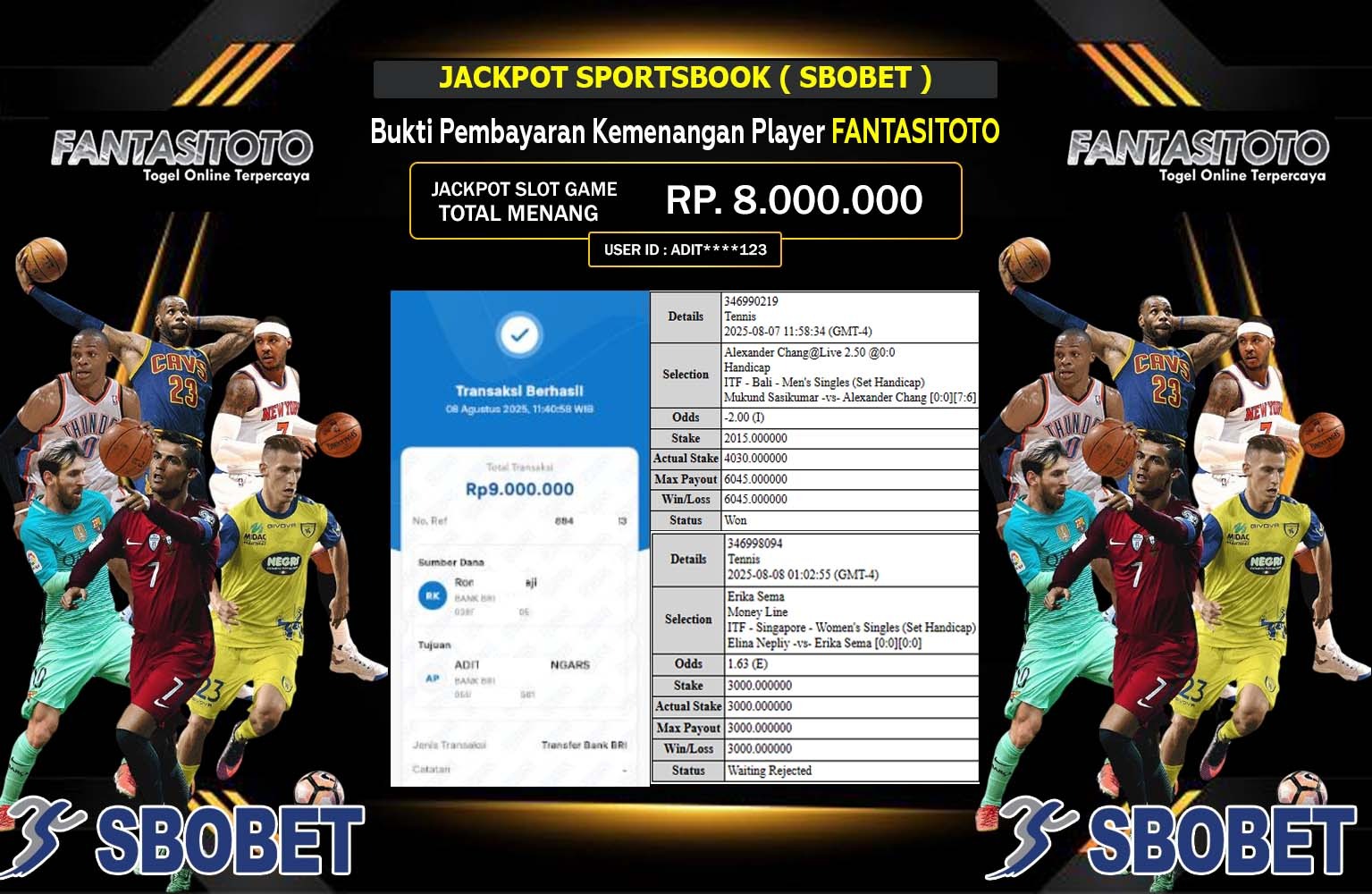 FANTASITOTO JACKPOT SPORTSBOOK SBOBET Rp.9.000.000,- LUNAS