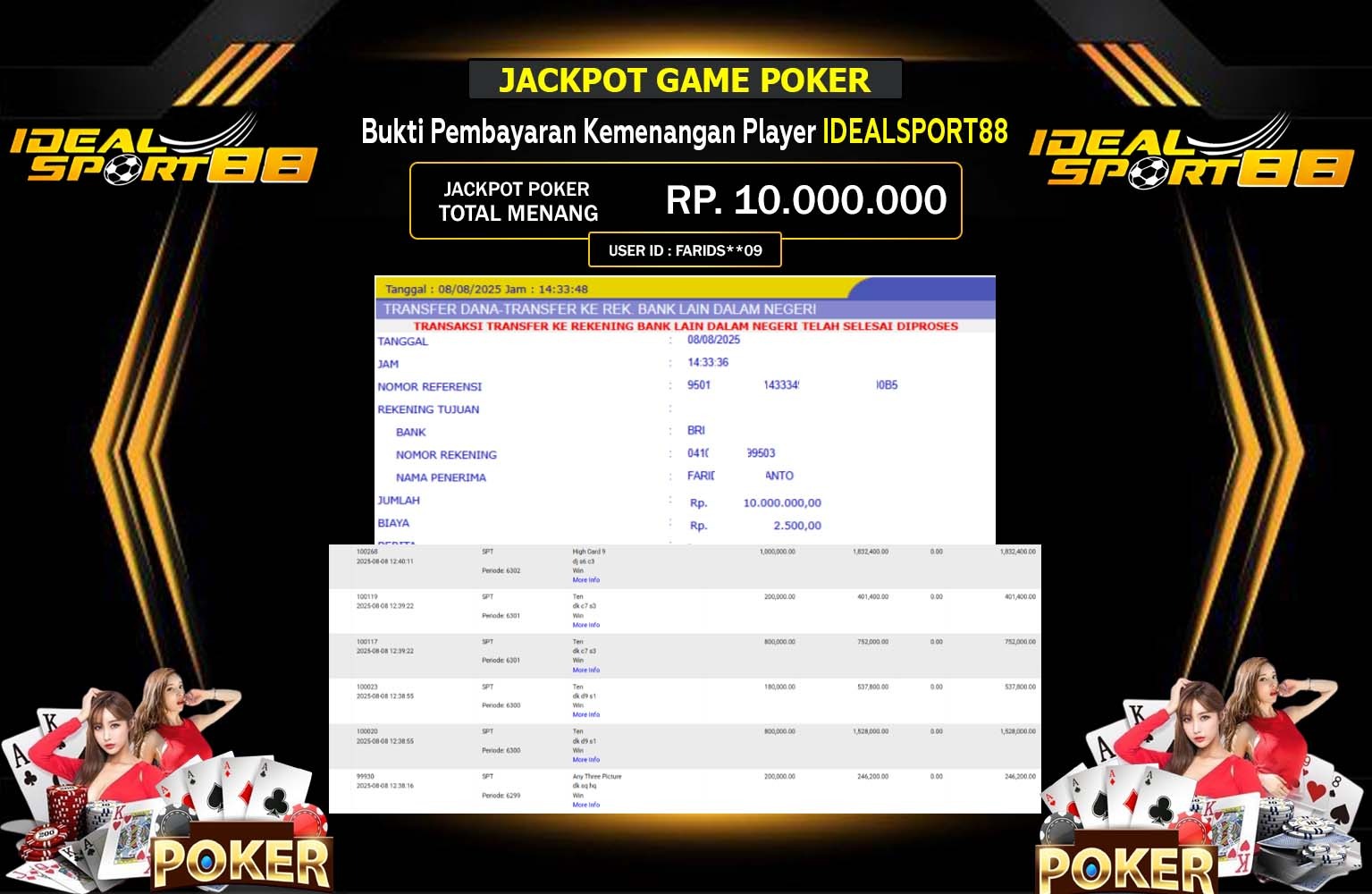 IDEALSPORT88 JACKPOT GAME POKER Rp.10.000.000,- LUNAS