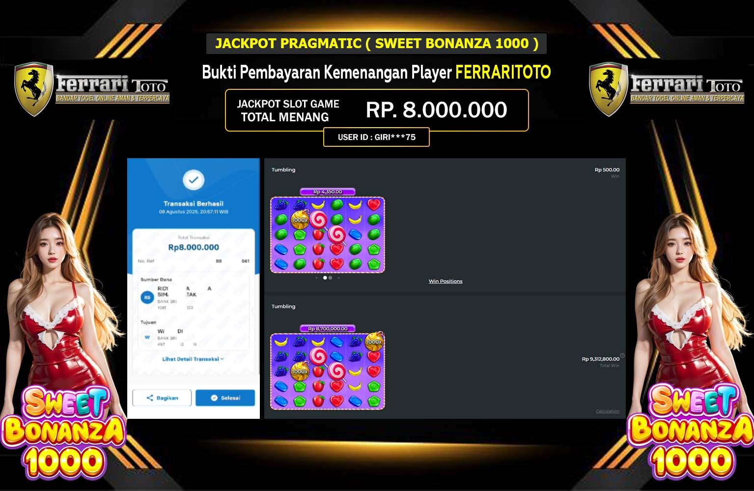 FERRARITOTO JACKPOT PRAGMATIC SWEET BONANZA 1000 Rp.8.000.000,- LUNAS