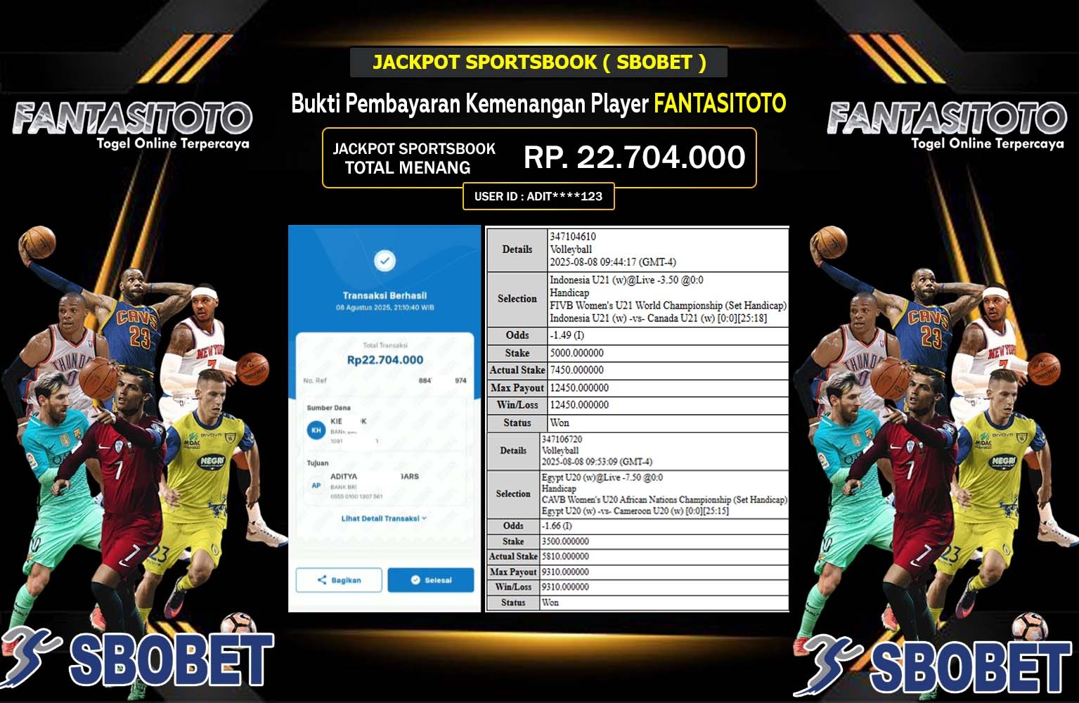 FANTASITOTO JACKPOT SPORTSBOOK SBOBET Rp.22.740.000,- LUNAS