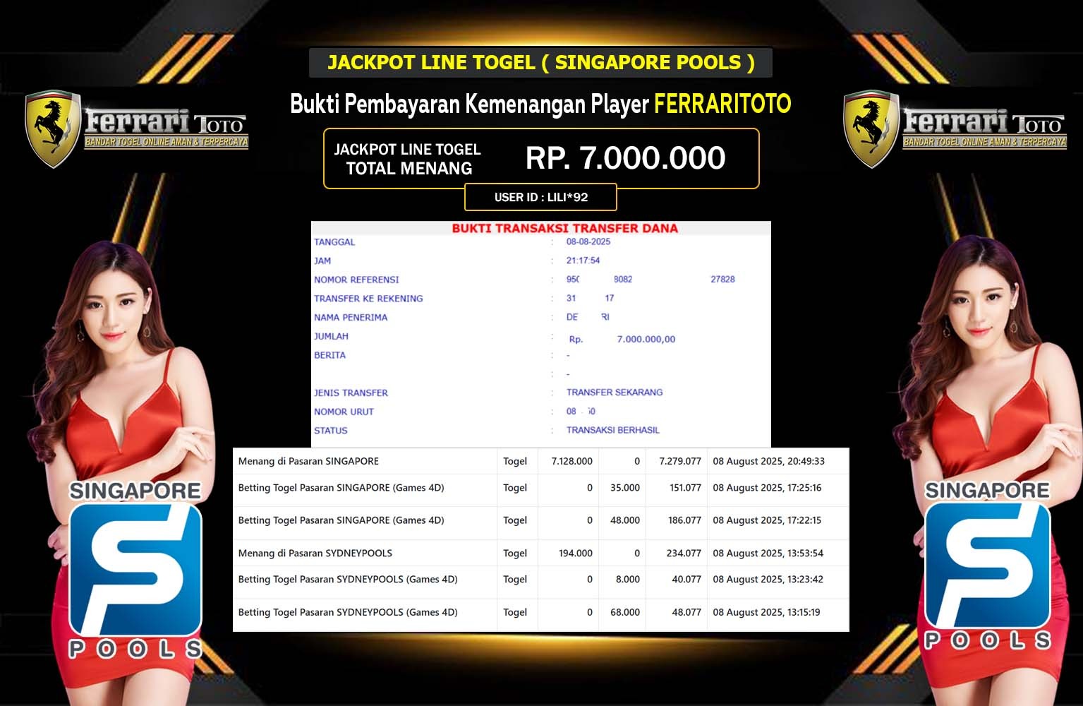 FERRARITOTO JACKPOT LINE TOGEL SINGAPORE POOLS Rp.7.000.000,- LUNAS