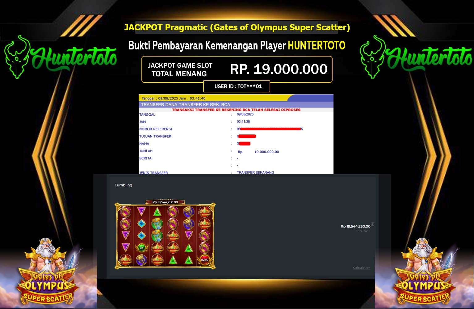 HUNTERTOTO JACKPOT PRAGMATIC (GATES OF OLYMPUS SUPER SCATTER) Rp.19.000.000,- LUNAS