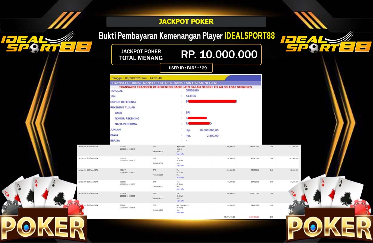 IDEALSPORT88 JACKPOT POKER Rp.10.000.000,- LUNAS