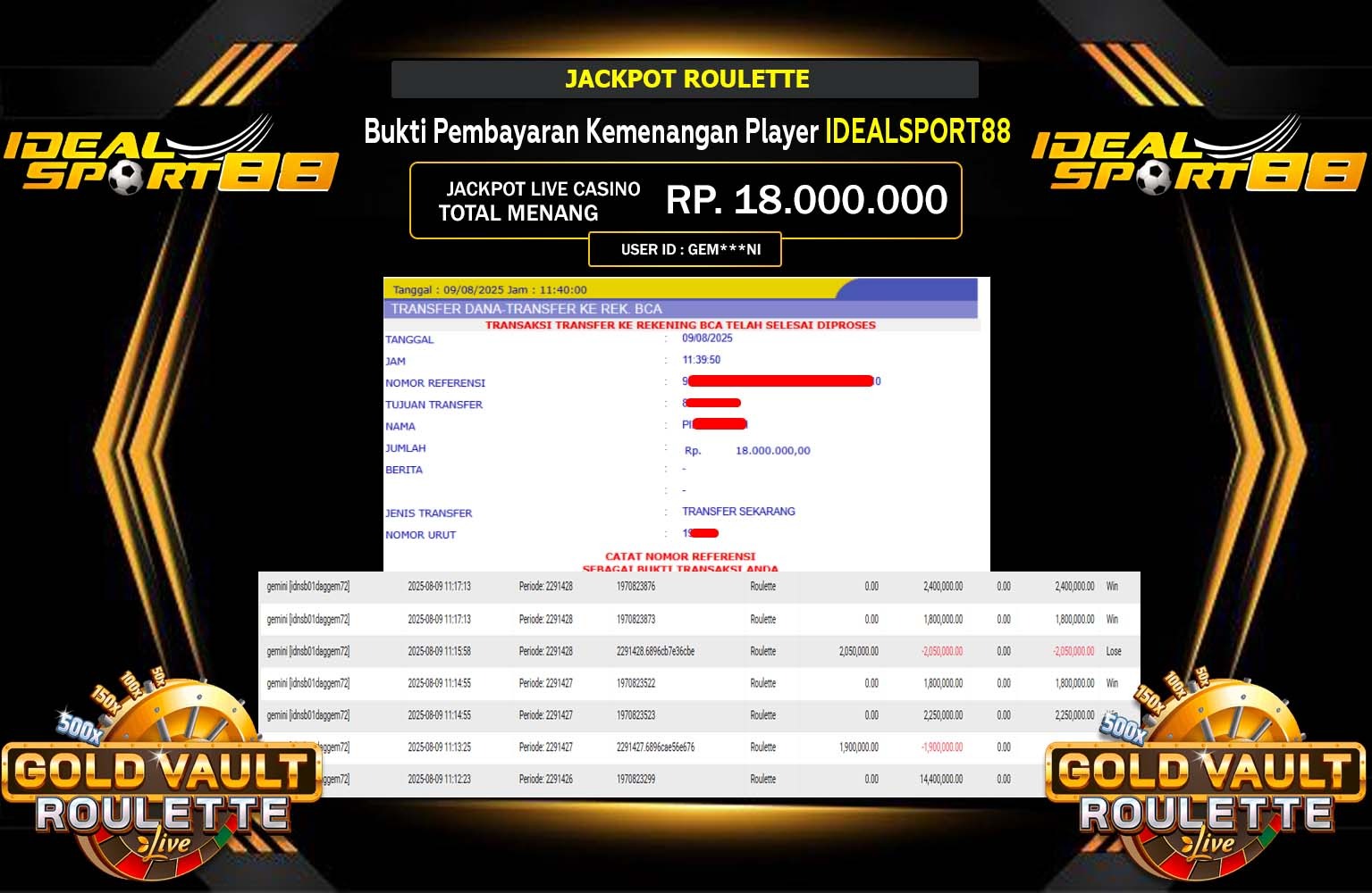 IDEALSPORT88 JACKPOT ROLETTE Rp.18.000.000,- LUNAS