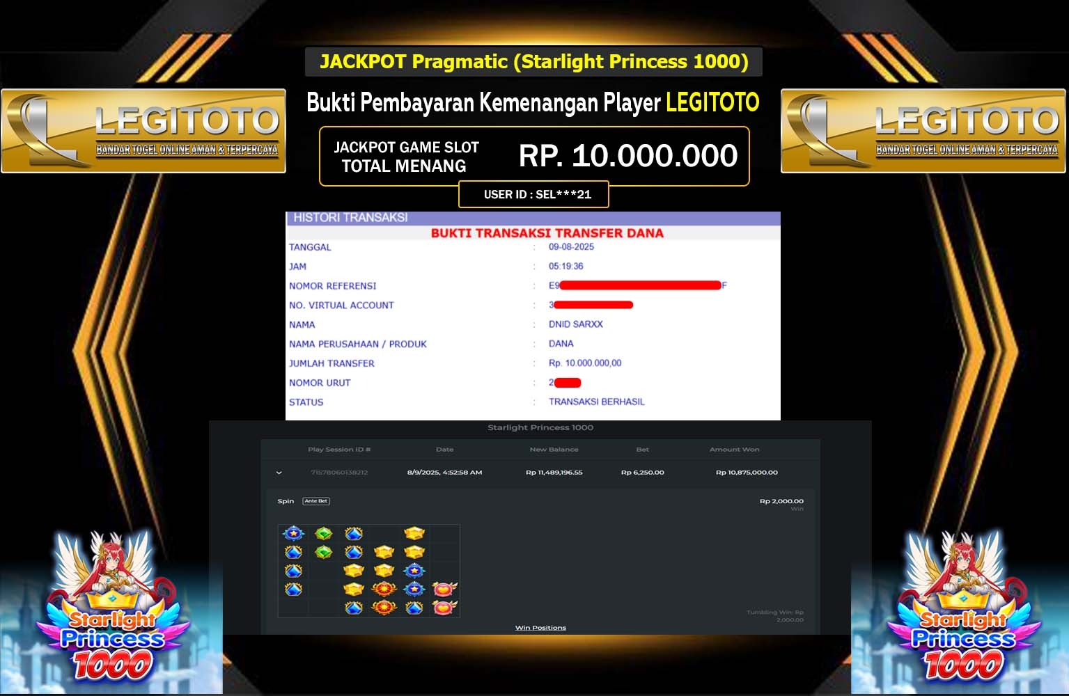 LEGITOTO JACKPOT Pragmatic (Starlight Princess 1000) Rp.10.000.000,- LUNAS